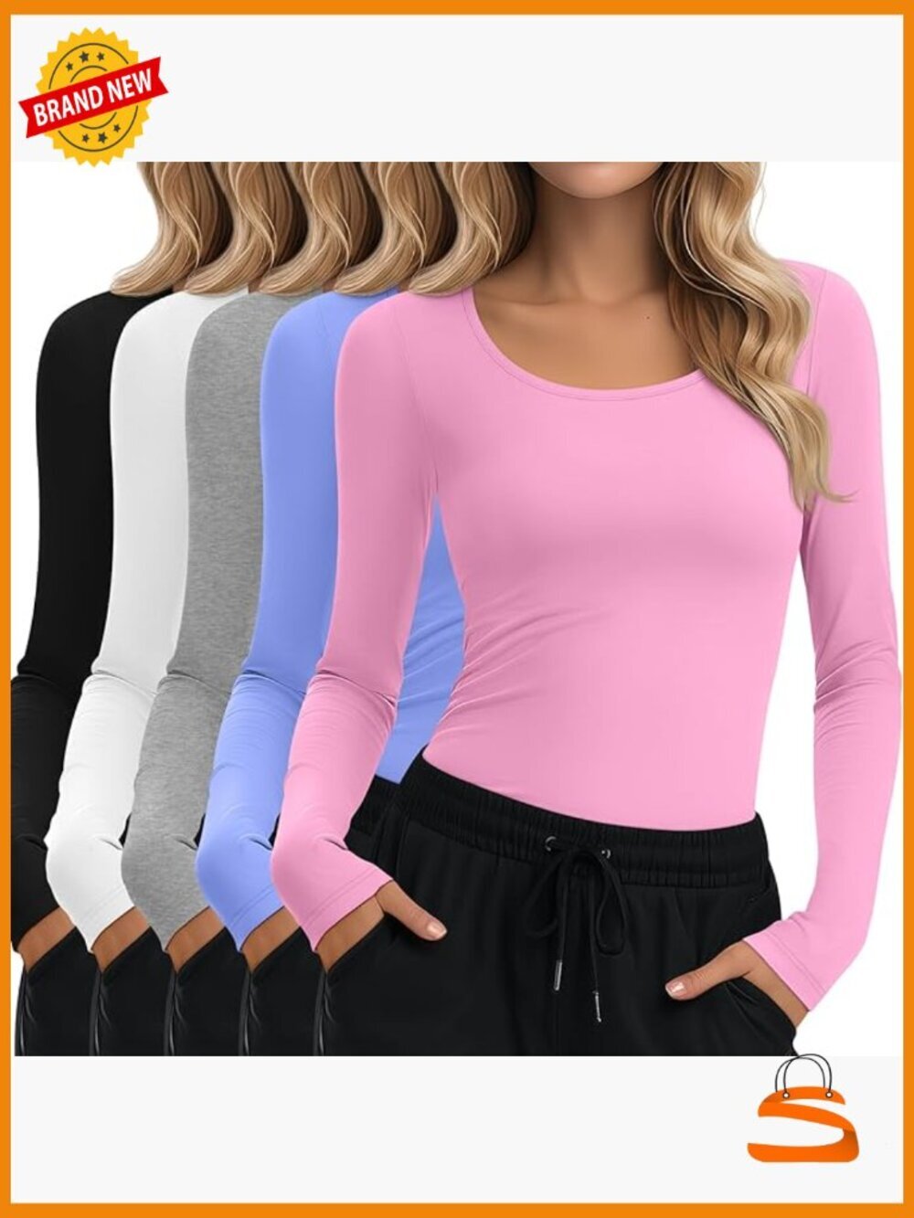 5 Pack Long Sleeve Underscrub Tops Scoop Neck Layering Tee for Women